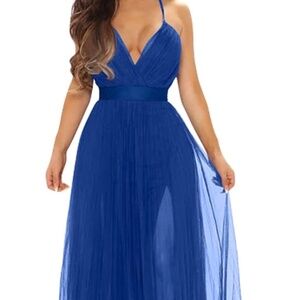 NWT Royal Blue Tulle Maxi Dress - Cross Back Formal Gown - Size Large